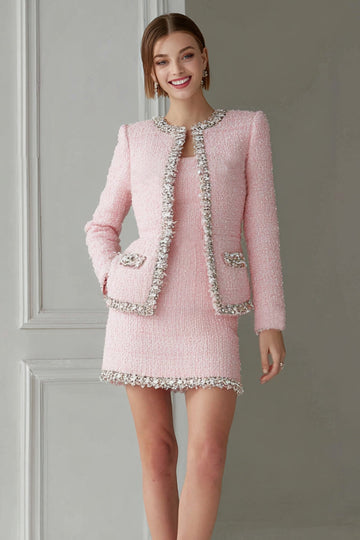 Różowa 2-częściowa krótka sukienka robocza Bodycon Tweed z rękawami